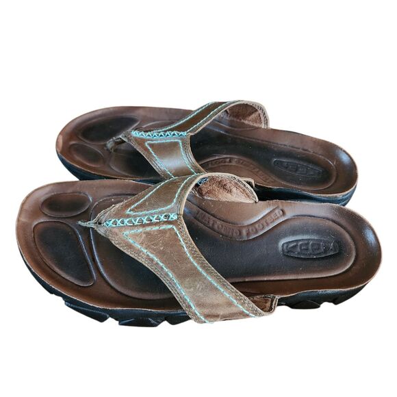 KEEN Sandals Women Size 10.5 Brown Leather Sandals Slip on Flip Flop - Picture 1 of 8